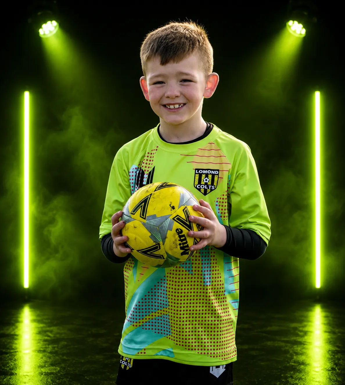 Young goalkeeper in a volt green Unite kit holding a football under green studio lights