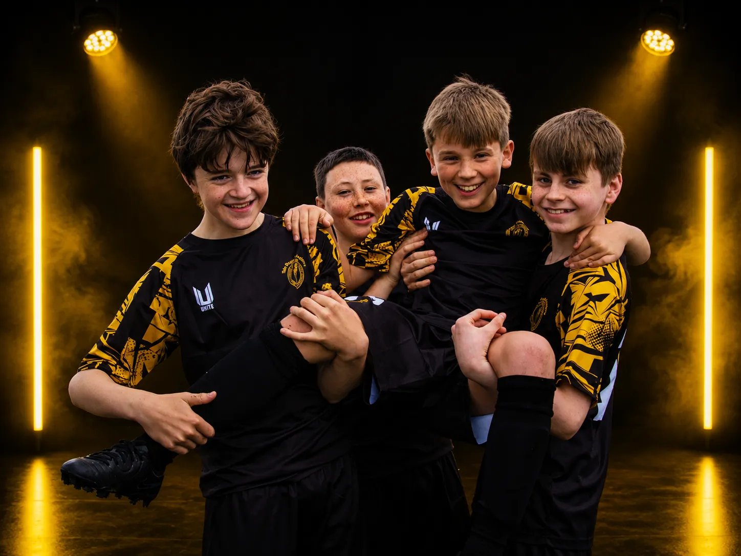 Four young players in black and gold Unite kit carrying a laughing teammate under yellow studio lights